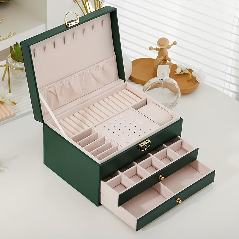 Elegant Vintage-Style Jewelry Box with Lock - 3-Layer Faux Leather, Golden-Tone Hardware, Pink & White Design, Perfect for Necklaces, Bracelets, and Earrings - Ideal for Home Decor and Fashion Enthusiasts, Jewelry Gift Box, Jewelry Boxes