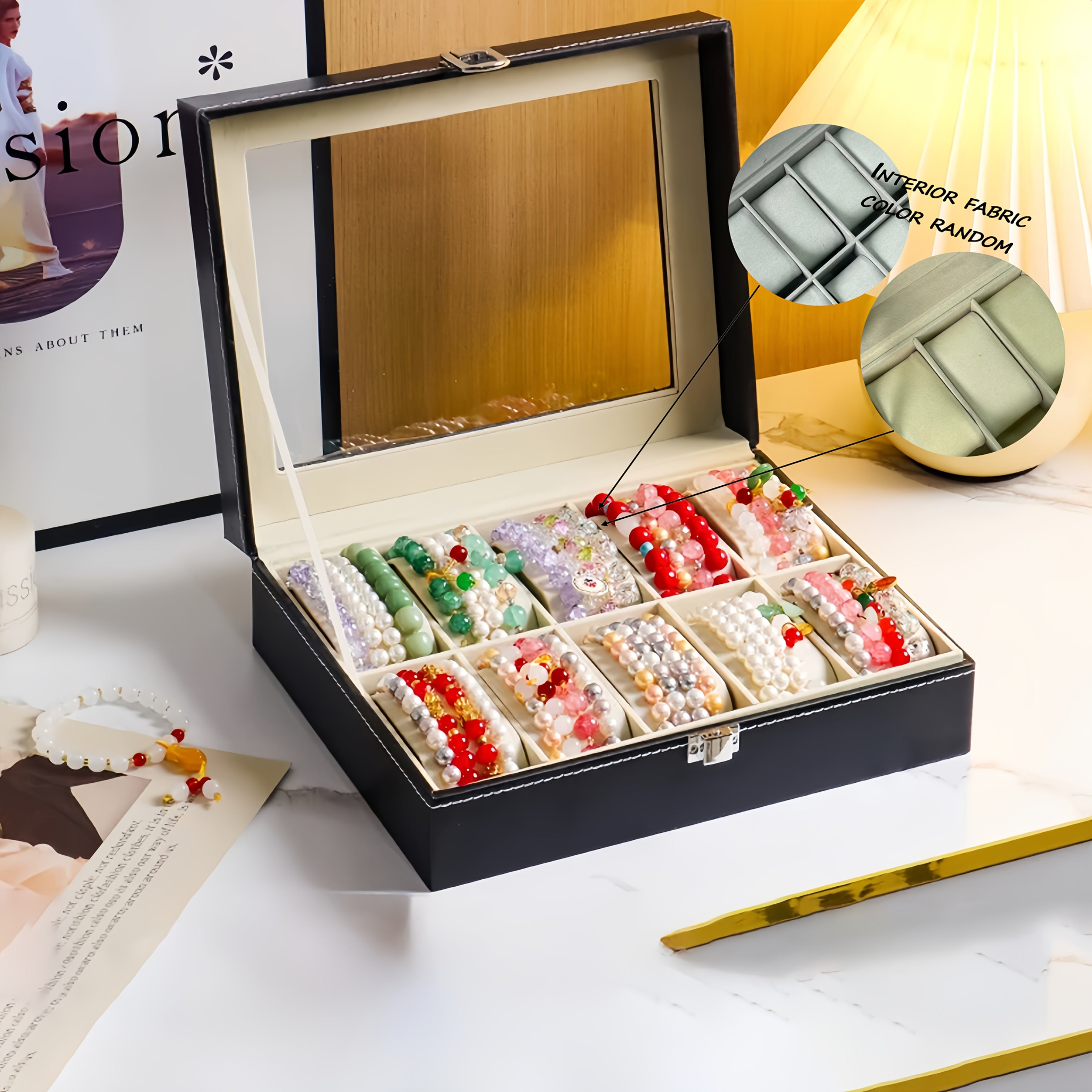 1pc black PU Leather jewelry bracelet storage box, 6 compartments with 10 compartments to choose from, bead jewelry storage box, watch storage box, built-in non deformable bracelet pillow, jewelry display cabinet, bead collection box