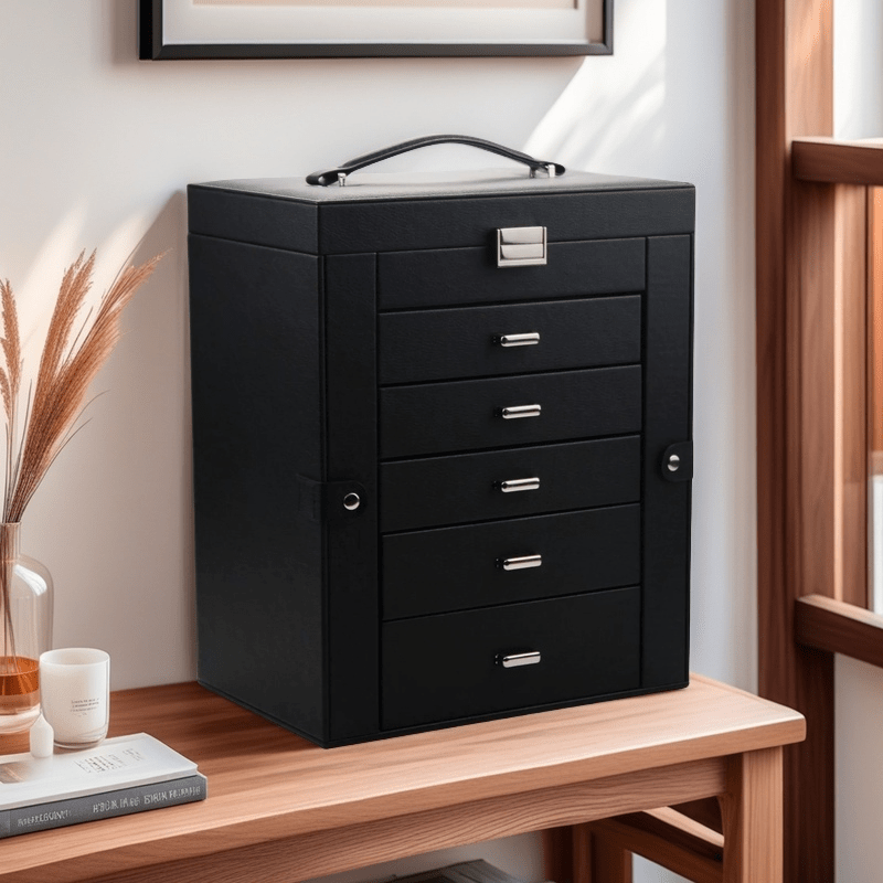 6-Layer Black Faux Leather Jewelry Storage Box with Lock, 5 Removable Drawers & Mirror – Elegant Organizer for Bracelets, Watches, Rings, Necklaces & Earrings, Jewelry Box