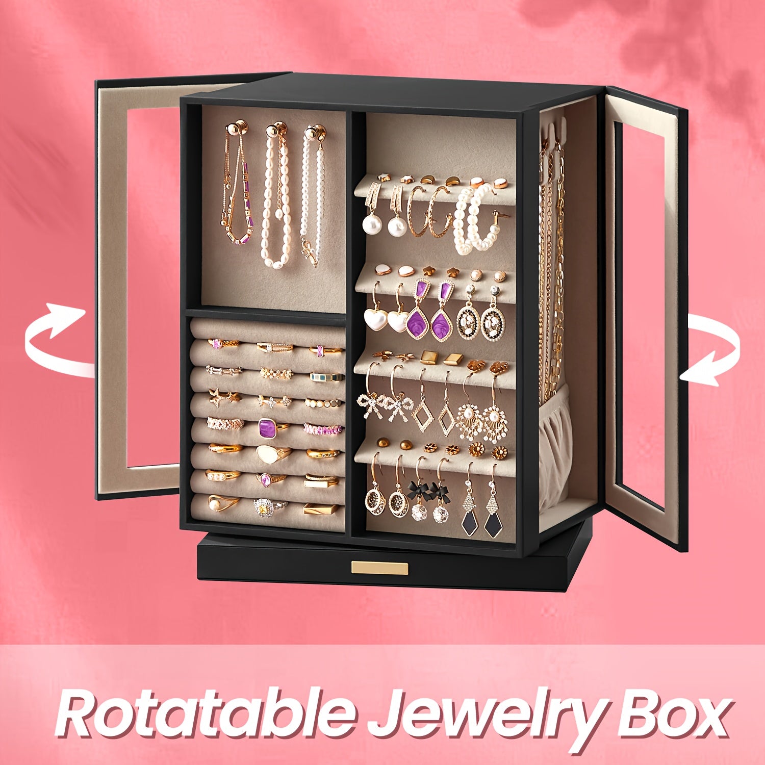 SONGMICSHOME Jewelry Box 360° Rotating, Jewelry Storage Case With 5 Drawers, Jewelry Organizer, Glass Window, Spacious, Vertical Jewelry Storage, Open Design, Glasses, Earrings, Rings, Necklaces, Big Jewelry, Gifts For Men, Women, Friends