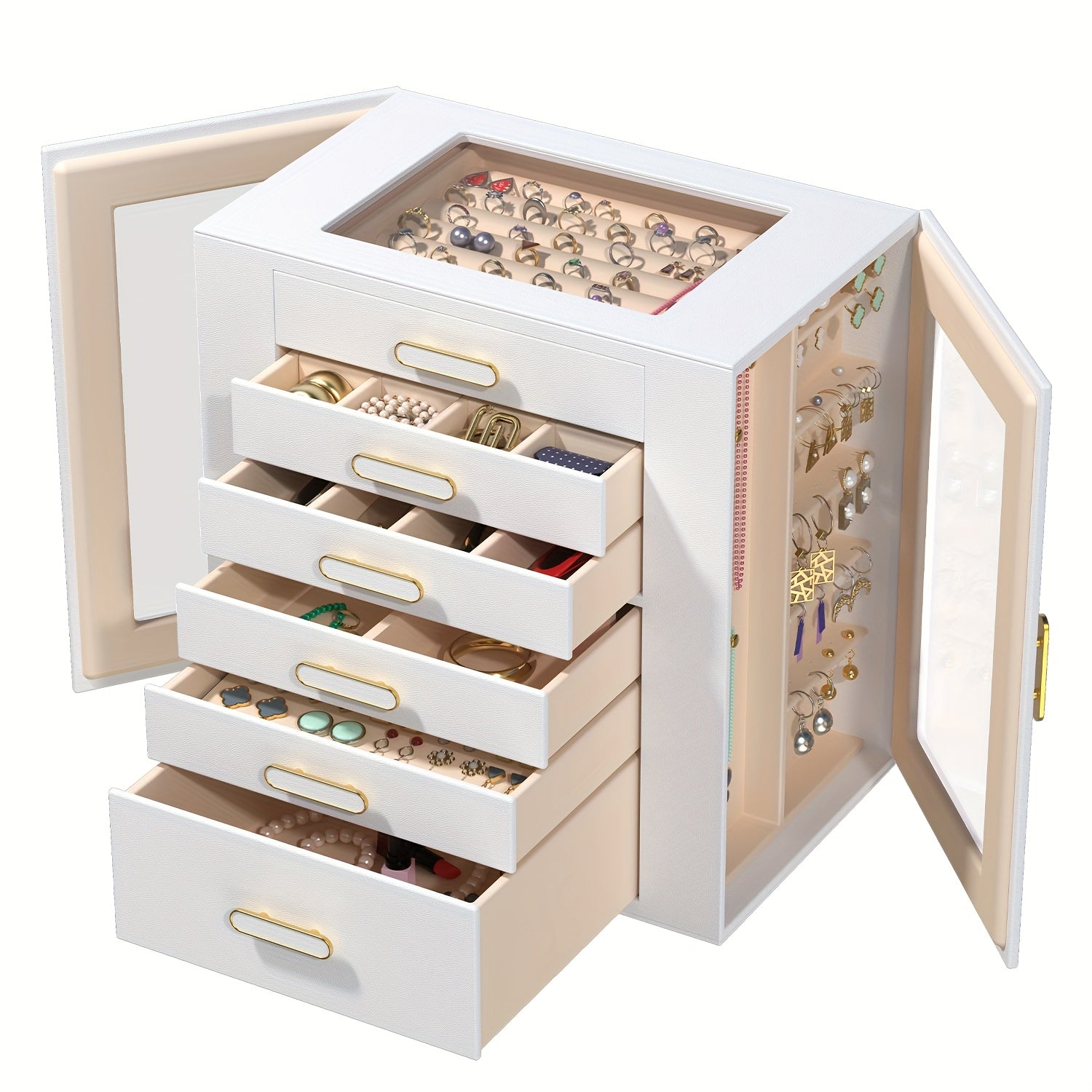 Boho Chic 6-Tier Multifunctional Faux Leather Jewelry Box with Clear Drawers & Open Shelves - Large Capacity Organizer for Earrings, Necklaces, Bracelets, Watches - Elegant Gift for Women & Girls (Christmas, Valentine'S Day, Birthdays, Graduation)