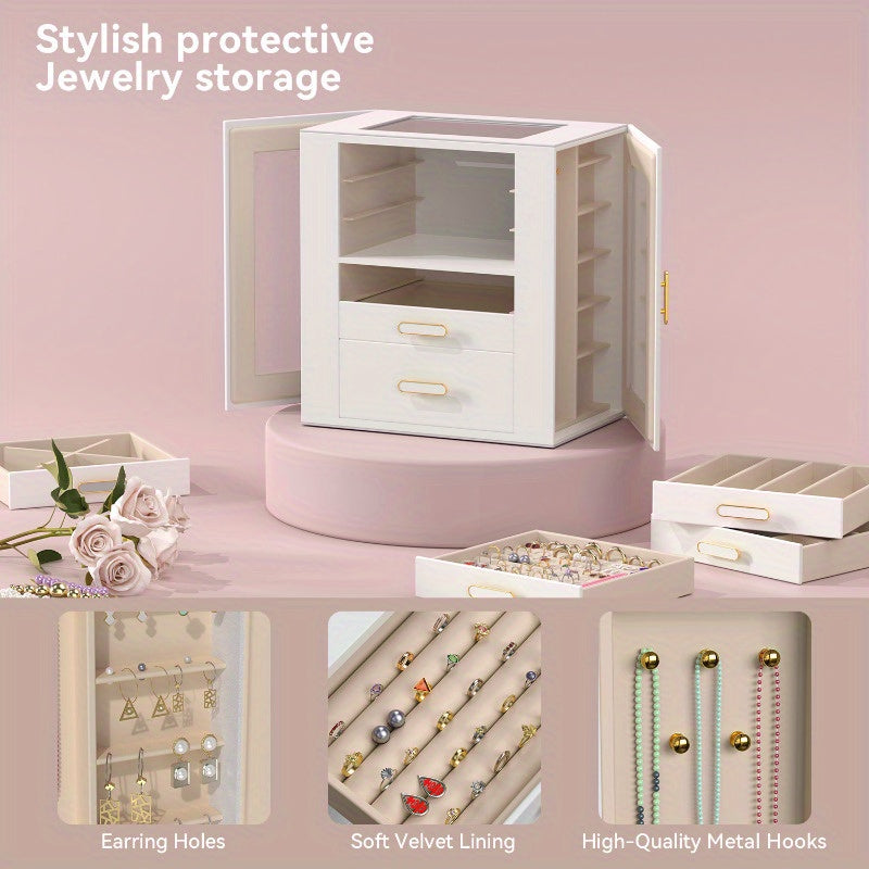 Boho Chic 6-Tier Multifunctional Faux Leather Jewelry Box with Clear Drawers & Open Shelves - Large Capacity Organizer for Earrings, Necklaces, Bracelets, Watches - Elegant Gift for Women & Girls (Christmas, Valentine'S Day, Birthdays, Graduation)