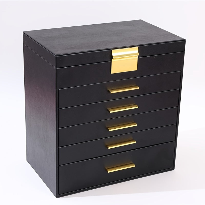 [6-Layer Jewelry Box] 6-Layer Faux Leather Jewelry Organizer Box | Large Capacity Multi-Drawer Storage for Necklaces, Earrings, Watches, Glasses | Soft Fabric-Lined Compartments & Golden Handles, Elegant White Design