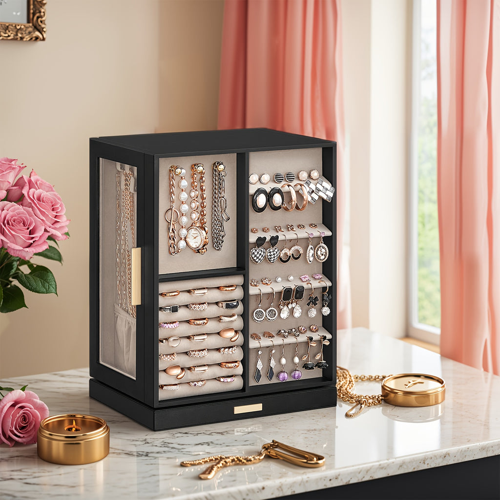 SONGMICSHOME Jewelry Box 360° Rotating, Jewelry Storage Case With 5 Drawers, Jewelry Organizer, Glass Window, Spacious, Vertical Jewelry Storage, Open Design, Glasses, Earrings, Rings, Necklaces, Big Jewelry, Gifts For Men, Women, Friends