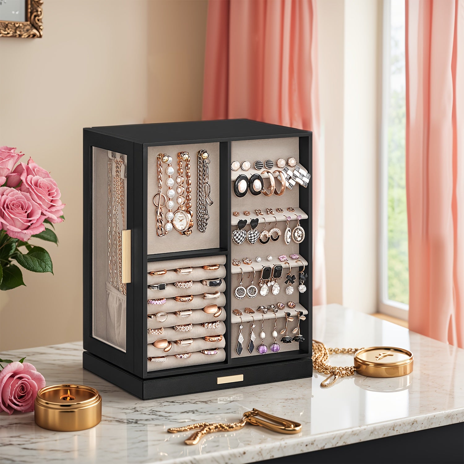 SONGMICSHOME Jewelry Box 360° Rotating, Jewelry Storage Case With 5 Drawers, Jewelry Organizer, Glass Window, Spacious, Vertical Jewelry Storage, Open Design, Glasses, Earrings, Rings, Necklaces, Big Jewelry, Gifts For Men, Women, Friends
