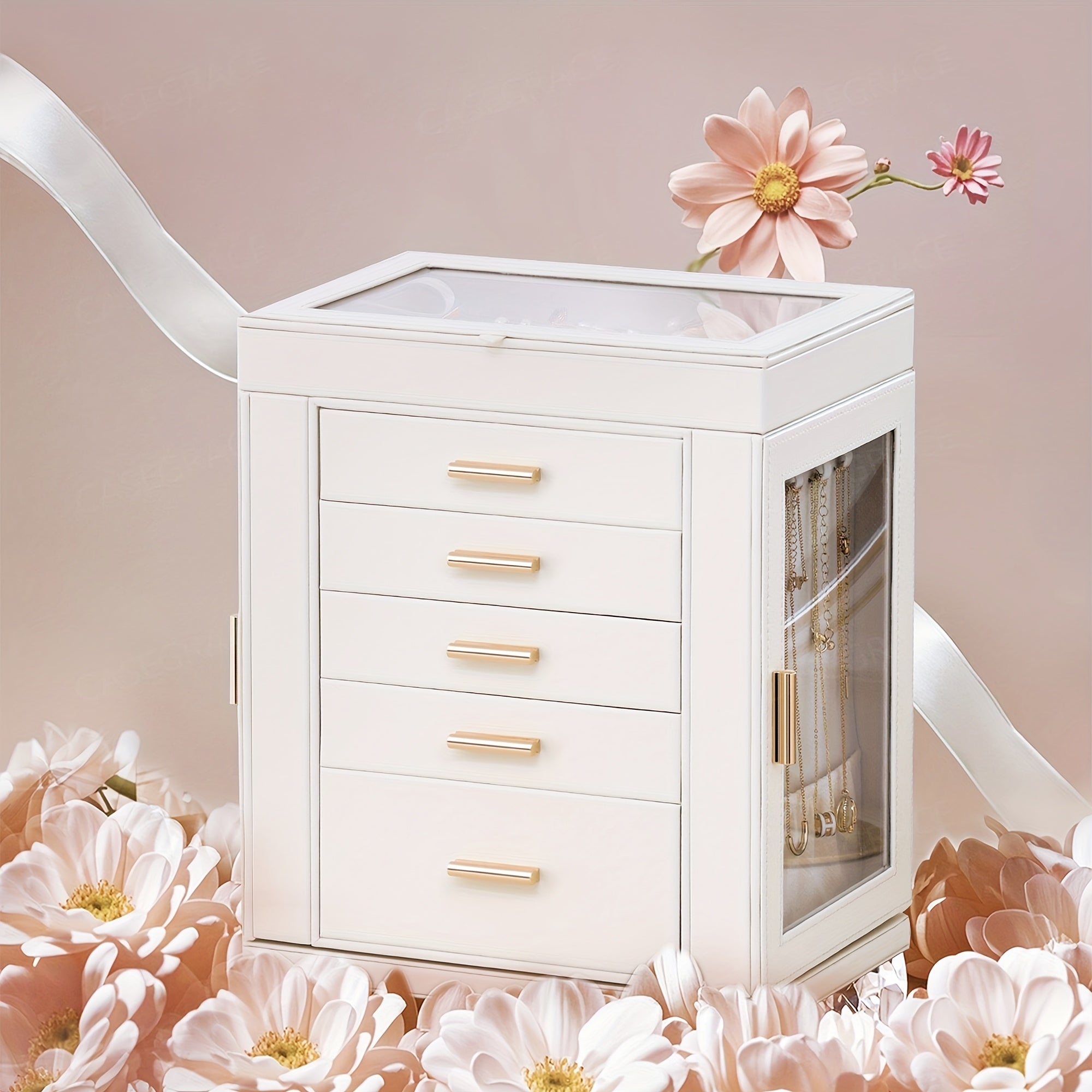 [1pc CASEGRACE Jewelry Box] 1pc CASEGRACE 360° Rotating Jewelry Organizer Box | 5-Drawer Large Capacity Faux Leather Storage with Transparent Double Doors, Modern Elegant Design for Necklaces, Rings, Earrings, Watches | Perfect Gift for Women (Valentine's
