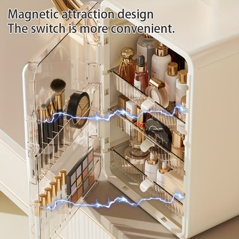 Contemporary Multi-Purpose Desktop Storage Cabinet with Built-In Drawers & Categorized Compartments - Large Capacity Organizer for Jewelry, Cosmetics, Makeup Brushes, Lipsticks, Bottles - Durable Plastic with Magnetic Closure - Perfect Gift for