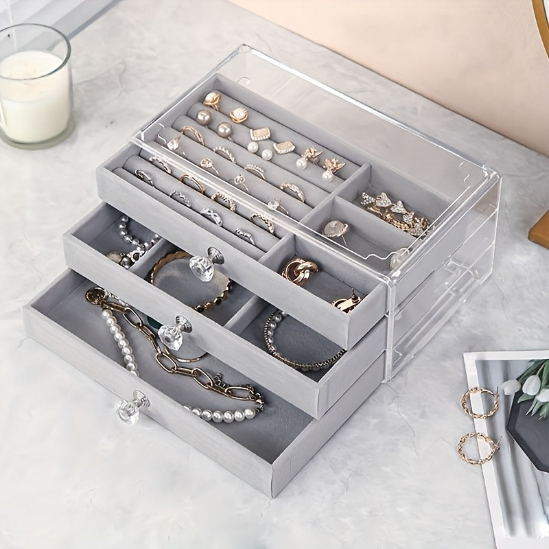 2pcs Jewelry Storage Box Set Three-layer Portable with Glass Lid Organizer for Earrings Display and Ring Display