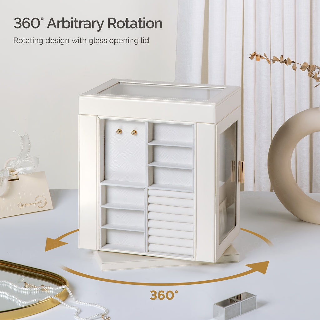 [1pc CASEGRACE Jewelry Box] 1pc CASEGRACE 360° Rotating Jewelry Organizer Box | 5-Drawer Large Capacity Faux Leather Storage with Transparent Double Doors, Modern Elegant Design for Necklaces, Rings, Earrings, Watches | Perfect Gift for Women (Valentine's