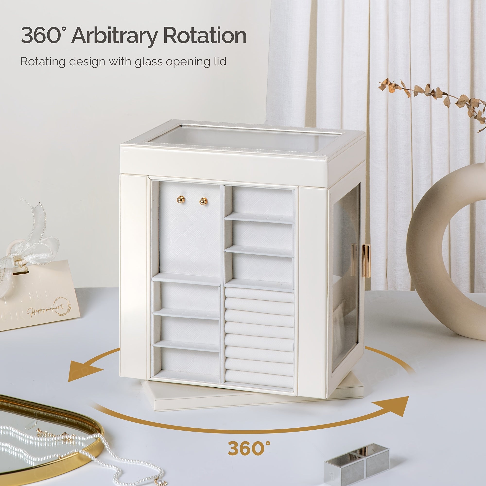 [1pc CASEGRACE Jewelry Box] 1pc CASEGRACE 360° Rotating Jewelry Organizer Box | 5-Drawer Large Capacity Faux Leather Storage with Transparent Double Doors, Modern Elegant Design for Necklaces, Rings, Earrings, Watches | Perfect Gift for Women (Valentine's