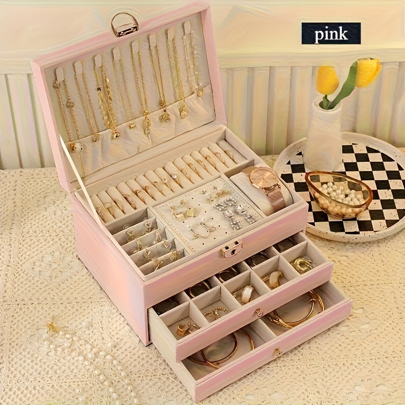 1pc Elegant Faux Leather Jewelry Box with Key Lock - Large Capacity Organizer for Earrings, Rings, Necklaces & Bracelets - Vintage Style Desktop Storage, Ideal Gift for Women, Mother'S Day Present, Jewelry Gift Box, Jewelry Boxes
