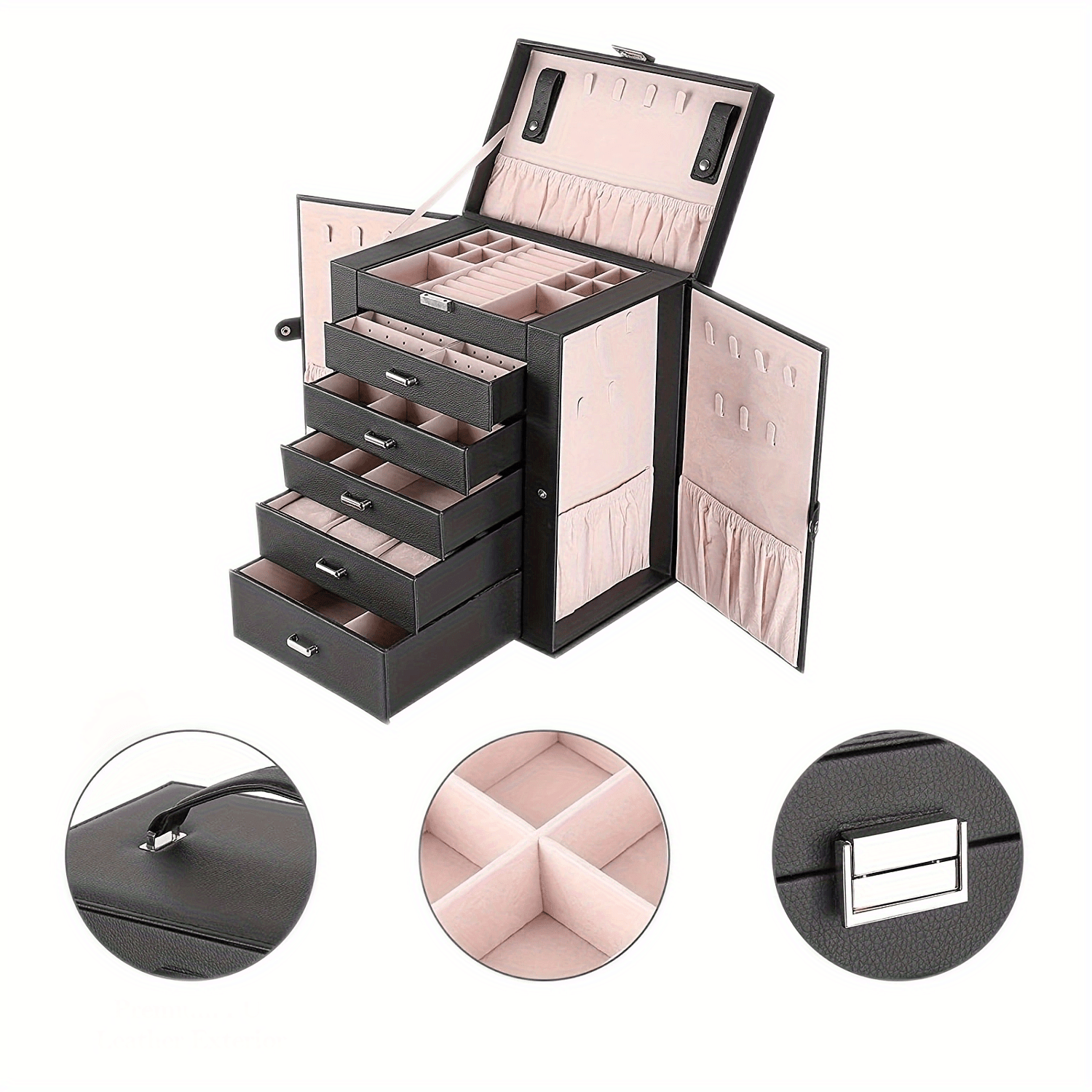 6-Layer Black Faux Leather Jewelry Storage Box with Lock, 5 Removable Drawers & Mirror – Elegant Organizer for Bracelets, Watches, Rings, Necklaces & Earrings, Jewelry Box