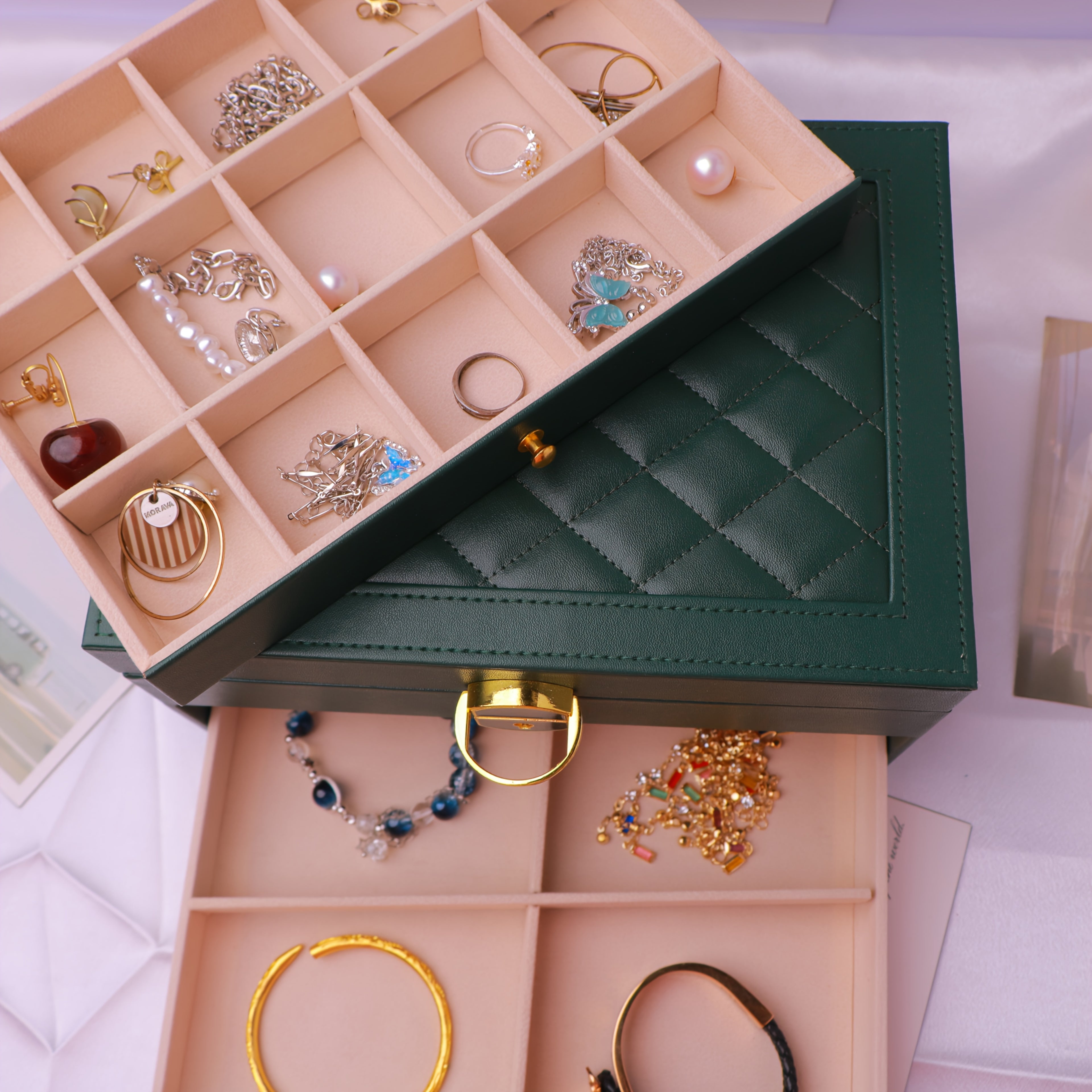 3-Tier Jewelry Box Organizer with Key Lock - Elegant Green & White, Soft-Lined Compartments, Secure Locking Lid - for Earrings, Rings, Necklaces, Bracelets - Perfect Gift for Women, Home or Salon Decor - Durable Synthetic Faux Leather Construction, Large