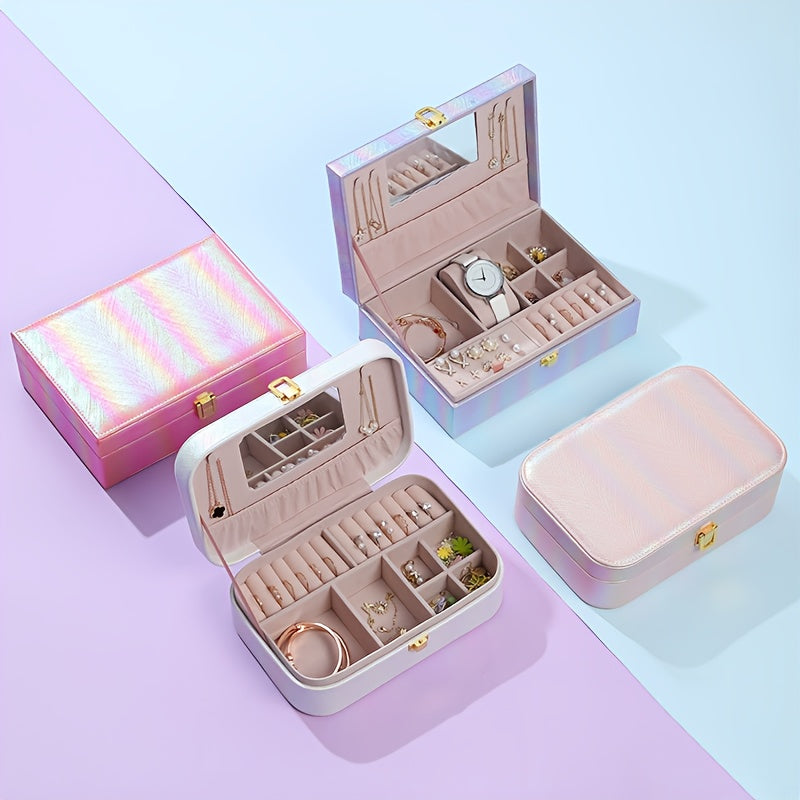 1pc Holographic Portable Jewelry Organizer Box with Mirror, Multiple Compartments & Soft Faux Leather Lining - Faux Leather Iridescent Finish, Secure Snap Closure for Earrings, Necklaces, Rings, Watches - Travel-Friendly Storage Case, Accessory