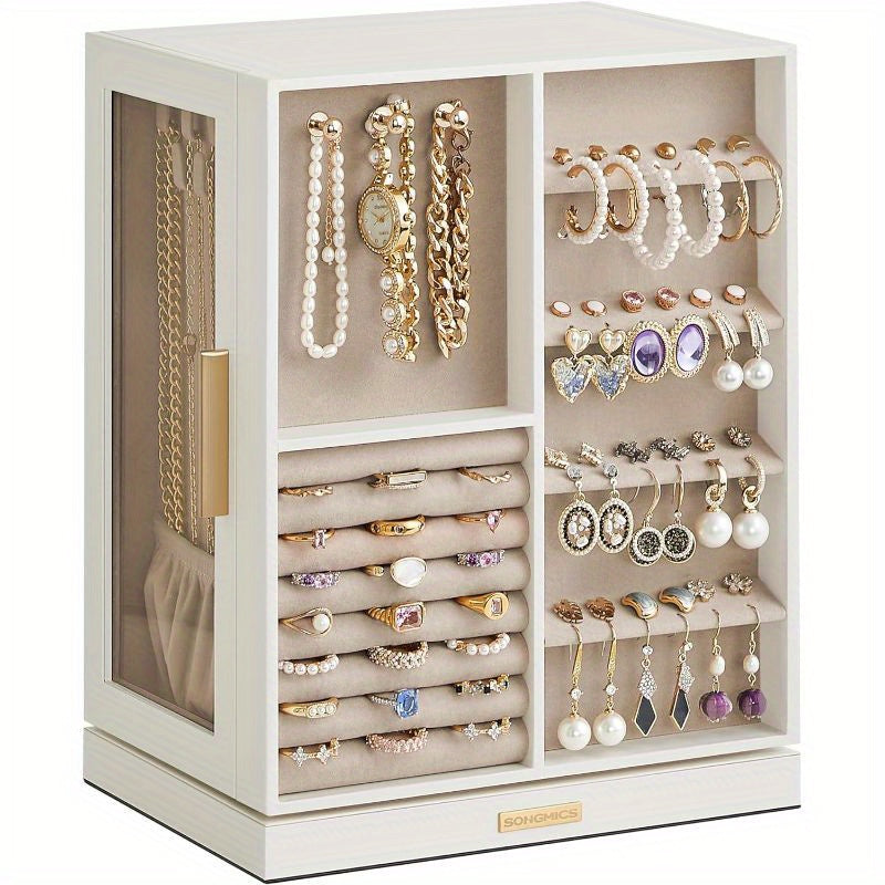 SONGMICSHOME Jewelry Box 360° Rotating, Jewelry Storage Case With 5 Drawers, Jewelry Organizer, Glass Window, Spacious, Vertical Jewelry Storage, Open Design, Glasses, Earrings, Rings, Necklaces, Big Jewelry, Gifts For Men, Women, Friends