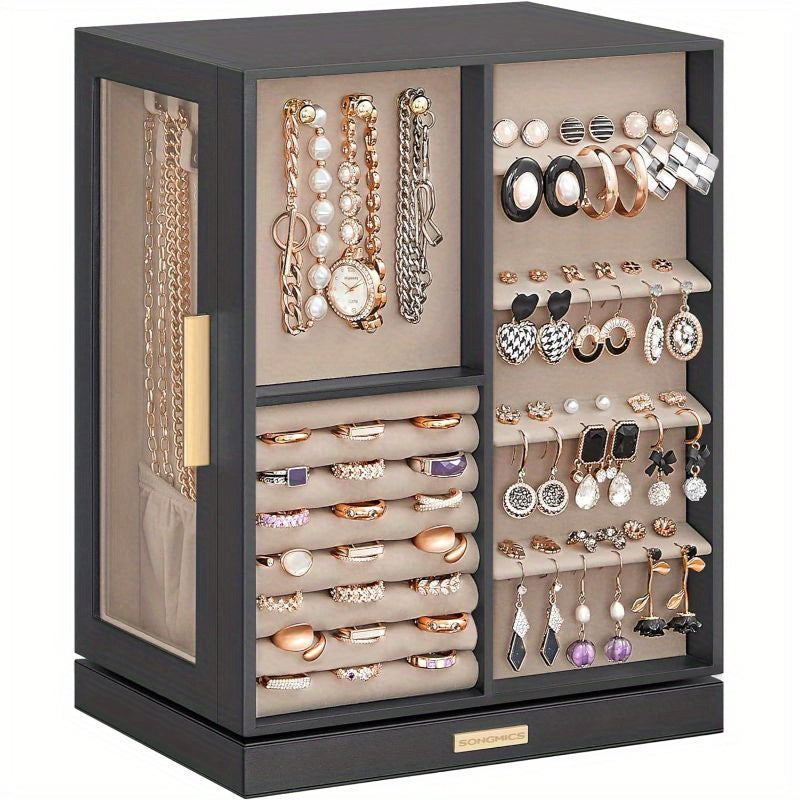 SONGMICSHOME Jewelry Box 360° Rotating, Jewelry Storage Case With 5 Drawers, Jewelry Organizer, Glass Window, Spacious, Vertical Jewelry Storage, Open Design, Glasses, Earrings, Rings, Necklaces, Big Jewelry, Gifts For Men, Women, Friends