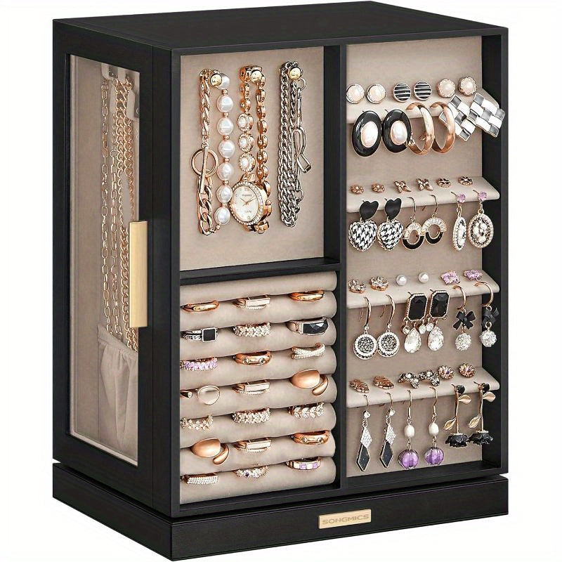SONGMICSHOME Jewelry Box 360° Rotating, Jewelry Storage Case With 5 Drawers, Jewelry Organizer, Glass Window, Spacious, Vertical Jewelry Storage, Open Design, Glasses, Earrings, Rings, Necklaces, Big Jewelry, Gifts For Men, Women, Friends