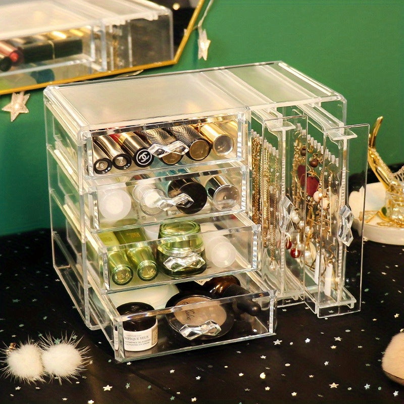 Sleek Transparent Jewelry & Cosmetic Organizer - Dustproof Desktop Storage for Earrings, Necklaces, and Accessories