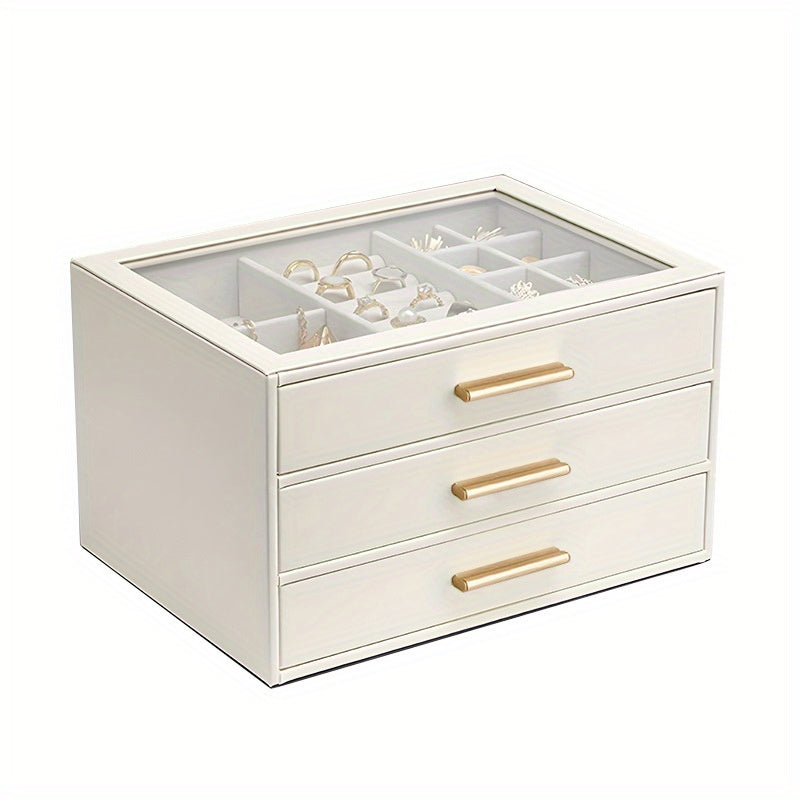 3-Tier Jewelry Organizer Box with Transparent Drawers - Large Capacity Multi-Layer Storage for Necklaces, Earrings, Rings - Durable Fabric & Metal Construction, Elegant White & Golden Design for Home or Retail Use, Jewelry Box, Jewelry Box, Jew