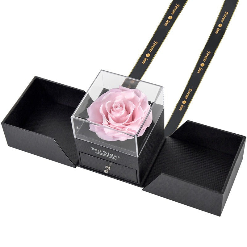 Handmade Bohemian-Style Acrylic Jewelry Gift Box with Immortal Red Rose - Double-Door Storage for Necklaces & Rings, Drawer Organizer, Black Fabric-Lined Interior & Ribbon Bow - Valentine's Day, Anniversary, Mother's Day Gift for Women, Moms, Girlfriends,