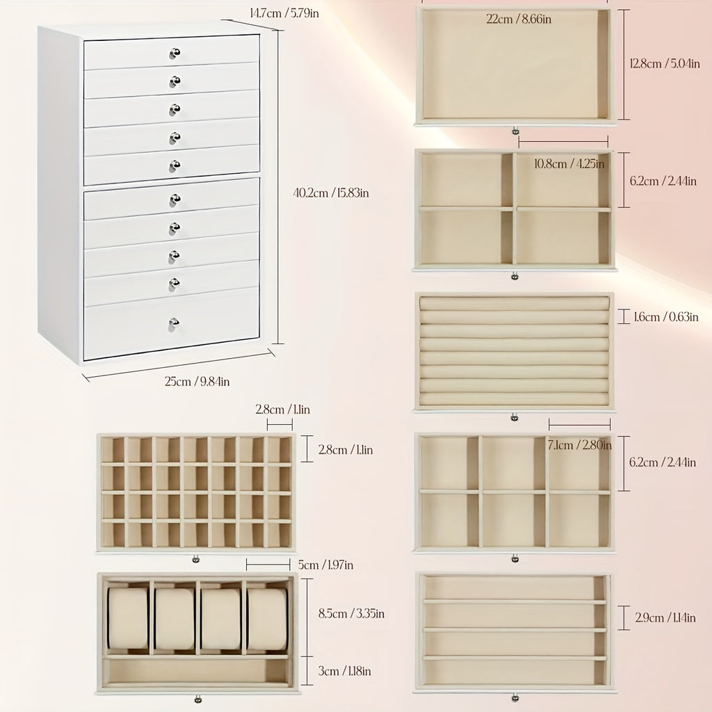 1pc Large Capacity Ten-Layer Velvet Jewelry Storage Cabinet with 10 Drawers - Stylish Rectangle Design, Tabletop Mounting, Multipurpose, Contemporary Style - Perfect Gift for Mothers Day, Valentines Day, Birthday, christmas gift, Jewelry Boxes