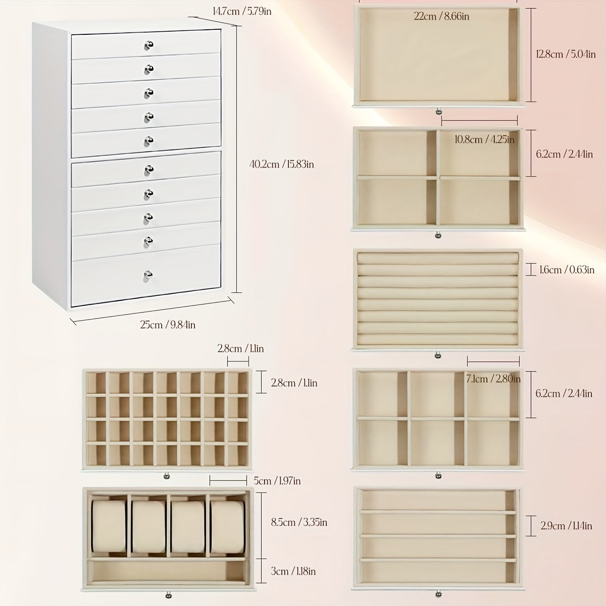 1pc Large Capacity Ten-Layer Velvet Jewelry Storage Cabinet with 10 Drawers - Stylish Rectangle Design, Tabletop Mounting, Multipurpose, Contemporary Style - Perfect Gift for Mothers Day, Valentines Day, Birthday, christmas gift, Jewelry Boxes