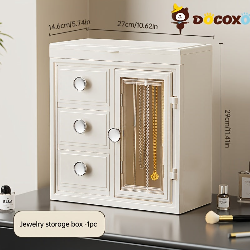 1pc DOCOXO European-Style Jewelry Box Organizer - Large Capacity Desktop Storage with Leather-Lined Interior, Secure Snap Closure, Multi-Compartment Design for Necklaces, Earrings, Rings - Elegant White Polished Finish, Jewelry Organizer Storage Box,