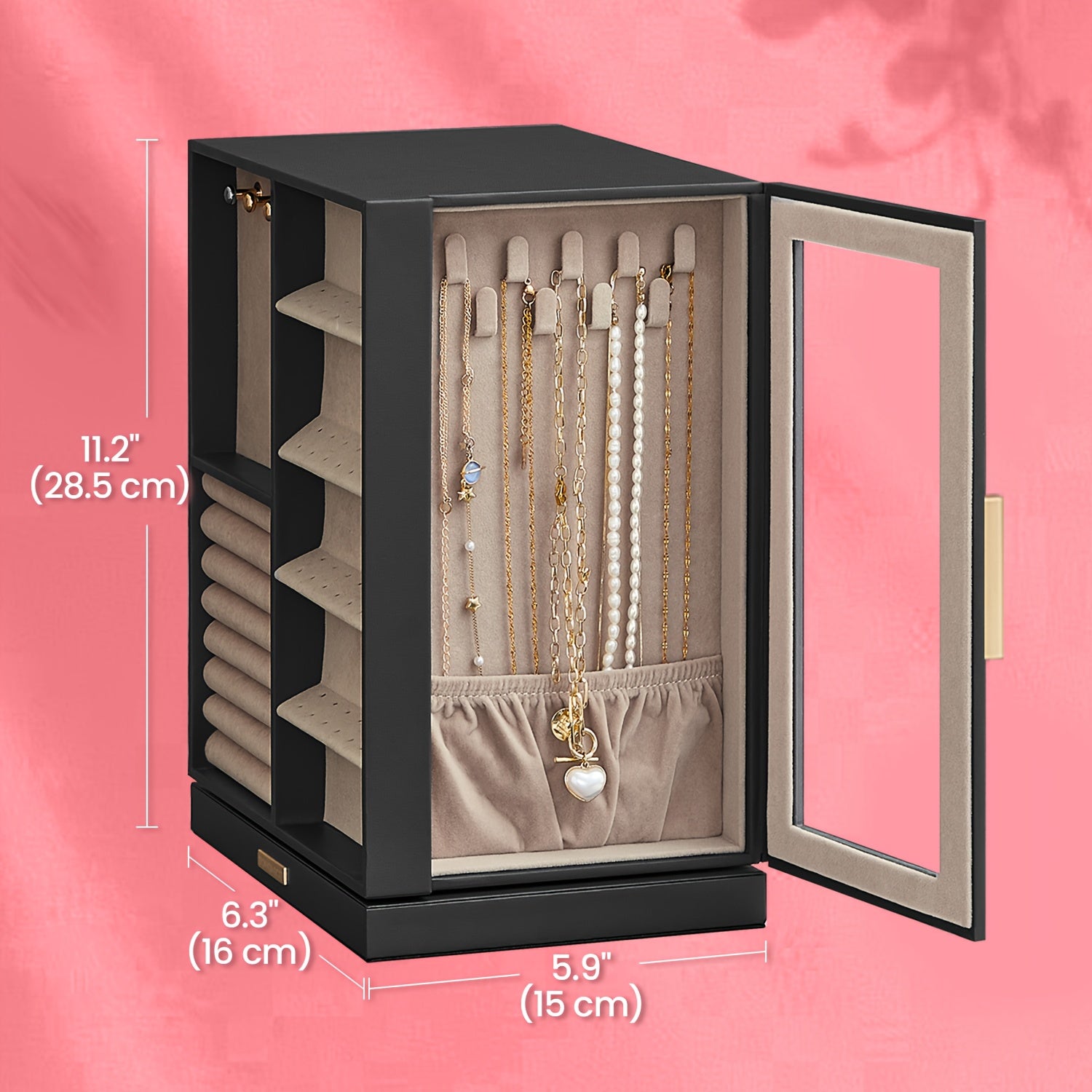 SONGMICSHOME Jewelry Box 360° Rotating, Jewelry Storage Case With 5 Drawers, Jewelry Organizer, Glass Window, Spacious, Vertical Jewelry Storage, Open Design, Glasses, Earrings, Rings, Necklaces, Big Jewelry, Gifts For Men, Women, Friends