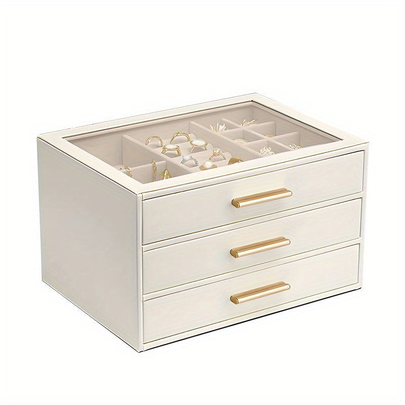 3-Tier Jewelry Organizer Box with Transparent Drawers - Large Capacity Multi-Layer Storage for Necklaces, Earrings, Rings - Durable Fabric & Metal Construction, Elegant White & Golden Design for Home or Retail Use, Jewelry Box, Jewelry Box, Jew