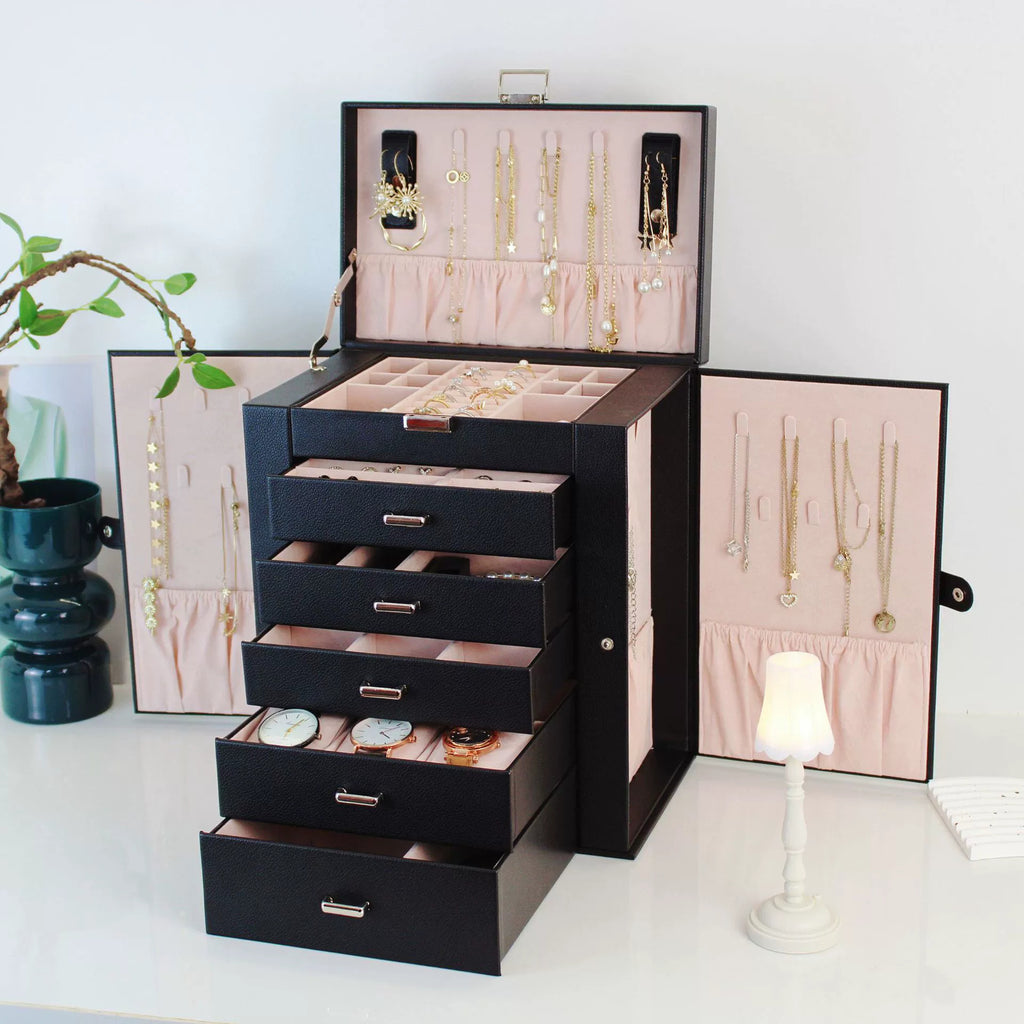 6-Layer Black Faux Leather Jewelry Storage Box with Lock, 5 Removable Drawers & Mirror – Elegant Organizer for Bracelets, Watches, Rings, Necklaces & Earrings, Jewelry Box