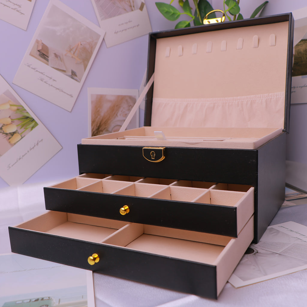 3-Tier Jewelry Box Organizer with Key Lock - Elegant Green & White, Soft-Lined Compartments, Secure Locking Lid - for Earrings, Rings, Necklaces, Bracelets - Perfect Gift for Women, Home or Salon Decor - Durable Synthetic Faux Leather Construction, Large