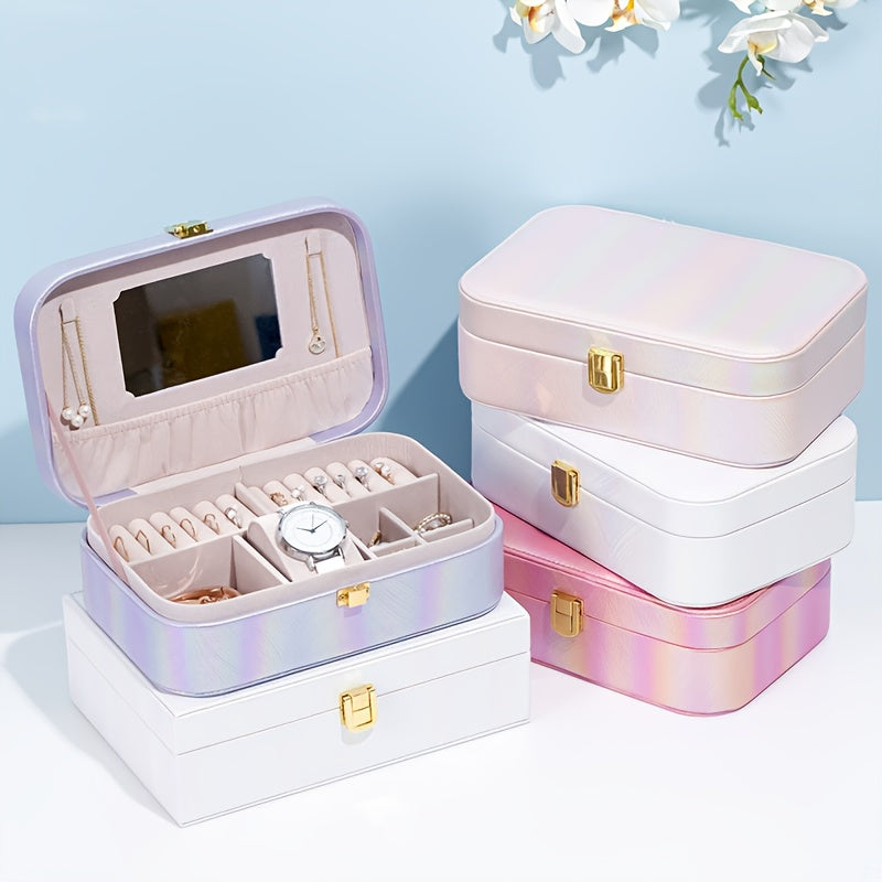 1pc Holographic Portable Jewelry Organizer Box with Mirror, Multiple Compartments & Soft Faux Leather Lining - Faux Leather Iridescent Finish, Secure Snap Closure for Earrings, Necklaces, Rings, Watches - Travel-Friendly Storage Case, Accessory