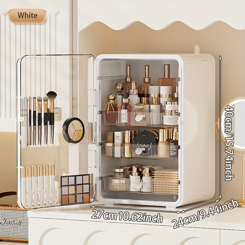 Contemporary Multi-Purpose Desktop Storage Cabinet with Built-In Drawers & Categorized Compartments - Large Capacity Organizer for Jewelry, Cosmetics, Makeup Brushes, Lipsticks, Bottles - Durable Plastic with Magnetic Closure - Perfect Gift for