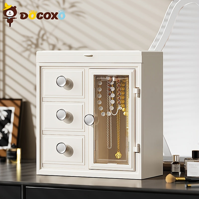 1pc DOCOXO European-Style Jewelry Box Organizer - Large Capacity Desktop Storage with Leather-Lined Interior, Secure Snap Closure, Multi-Compartment Design for Necklaces, Earrings, Rings - Elegant White Polished Finish, Jewelry Organizer Storage Box,