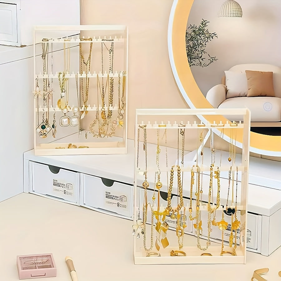 1pc Jewelry Storage Box with Pull-Out Display Shelves & Keychain Hooks - Durable Plastic Organizer for Bracelets, Necklaces, Earrings - Bedroom, Bathroom, Holiday Gifts, Back-to-School Supplies