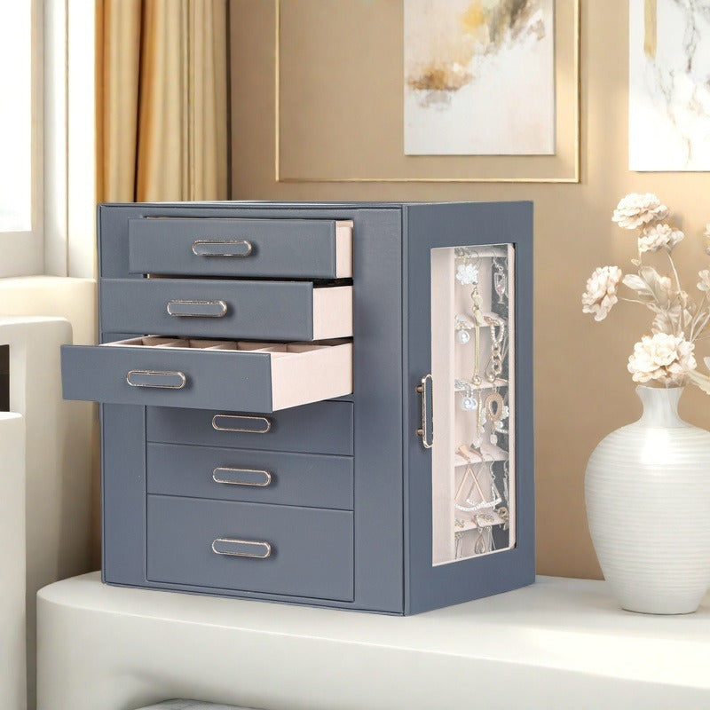 Boho Chic 6-Tier Multifunctional Faux Leather Jewelry Box with Clear Drawers & Open Shelves - Large Capacity Organizer for Earrings, Necklaces, Bracelets, Watches - Elegant Gift for Women & Girls (Christmas, Valentine'S Day, Birthdays, Graduation)