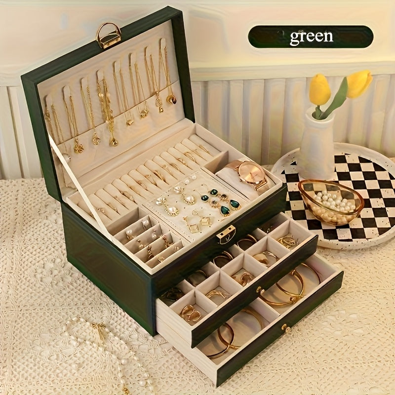 1pc Elegant Faux Leather Jewelry Box with Key Lock - Large Capacity Organizer for Earrings, Rings, Necklaces & Bracelets - Vintage Style Desktop Storage, Ideal Gift for Women, Mother'S Day Present, Jewelry Gift Box, Jewelry Boxes