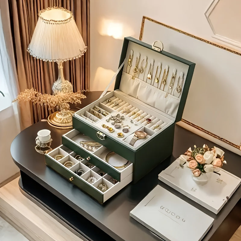 3-Tier Jewelry Box Organizer with Key Lock - Elegant Green & White, Soft-Lined Compartments, Secure Locking Lid - for Earrings, Rings, Necklaces, Bracelets - Perfect Gift for Women, Home or Salon Decor - Durable Synthetic Faux Leather Construction, Large