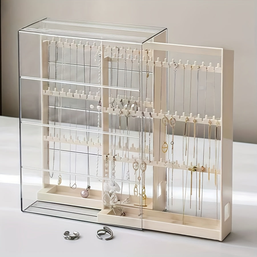 1pc Jewelry Storage Box with Pull-Out Display Shelves & Keychain Hooks - Durable Plastic Organizer for Bracelets, Necklaces, Earrings - Bedroom, Bathroom, Holiday Gifts, Back-to-School Supplies