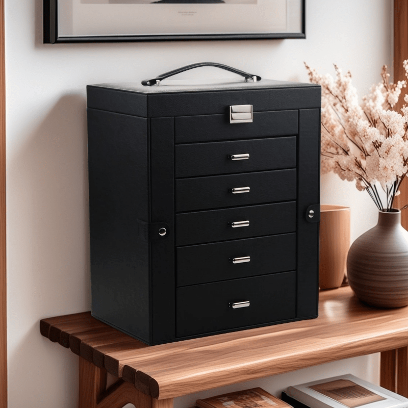 6-Layer Black Faux Leather Jewelry Storage Box with Lock, 5 Removable Drawers & Mirror – Elegant Organizer for Bracelets, Watches, Rings, Necklaces & Earrings, Jewelry Box