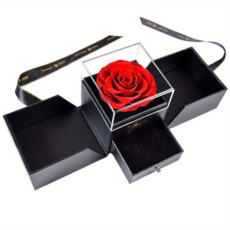 Handmade Bohemian-Style Acrylic Jewelry Gift Box with Immortal Red Rose - Double-Door Storage for Necklaces & Rings, Drawer Organizer, Black Fabric-Lined Interior & Ribbon Bow - Valentine's Day, Anniversary, Mother's Day Gift for Women, Moms, Girlfriends,