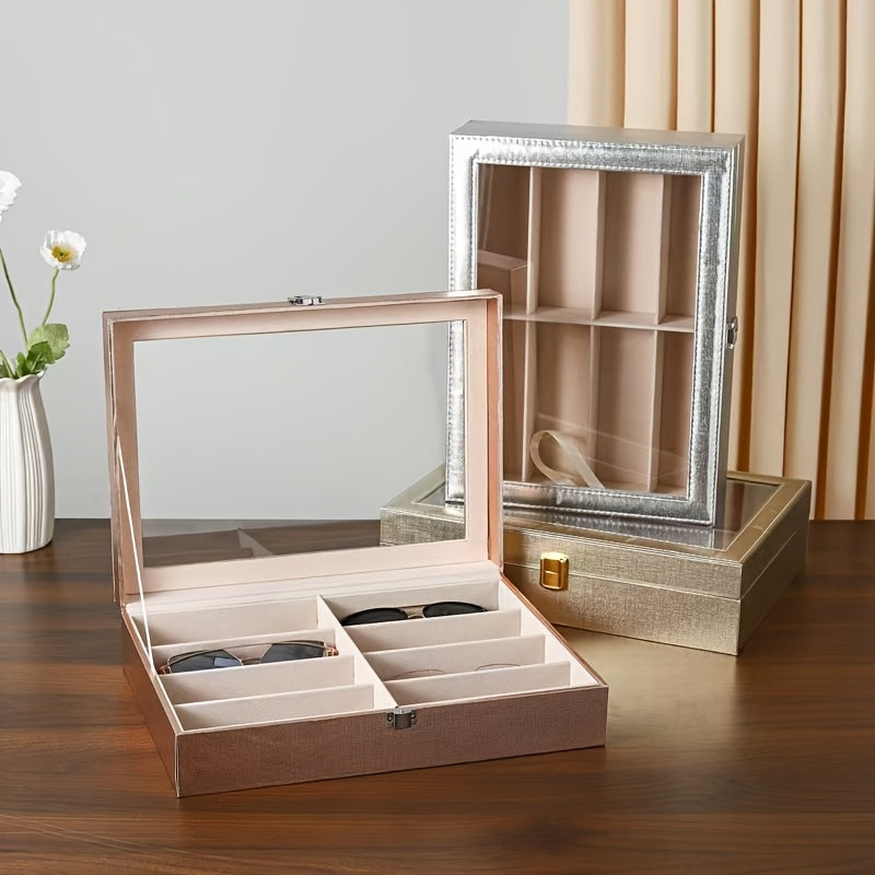 Eight-Compartment Golden, Silvery, and Rose Golden Frame Glasses Storage Box with Transparent Lid - Modern Multi-Slot Eyeglass Holder for Men & Women, Protective Display Case, Accessory Organizer, Durable Jewelry Stand, Jewelry Boxes