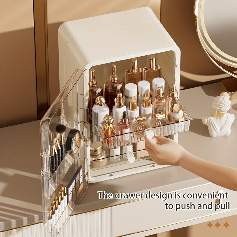Contemporary Multi-Purpose Desktop Storage Cabinet with Built-In Drawers & Categorized Compartments - Large Capacity Organizer for Jewelry, Cosmetics, Makeup Brushes, Lipsticks, Bottles - Durable Plastic with Magnetic Closure - Perfect Gift for