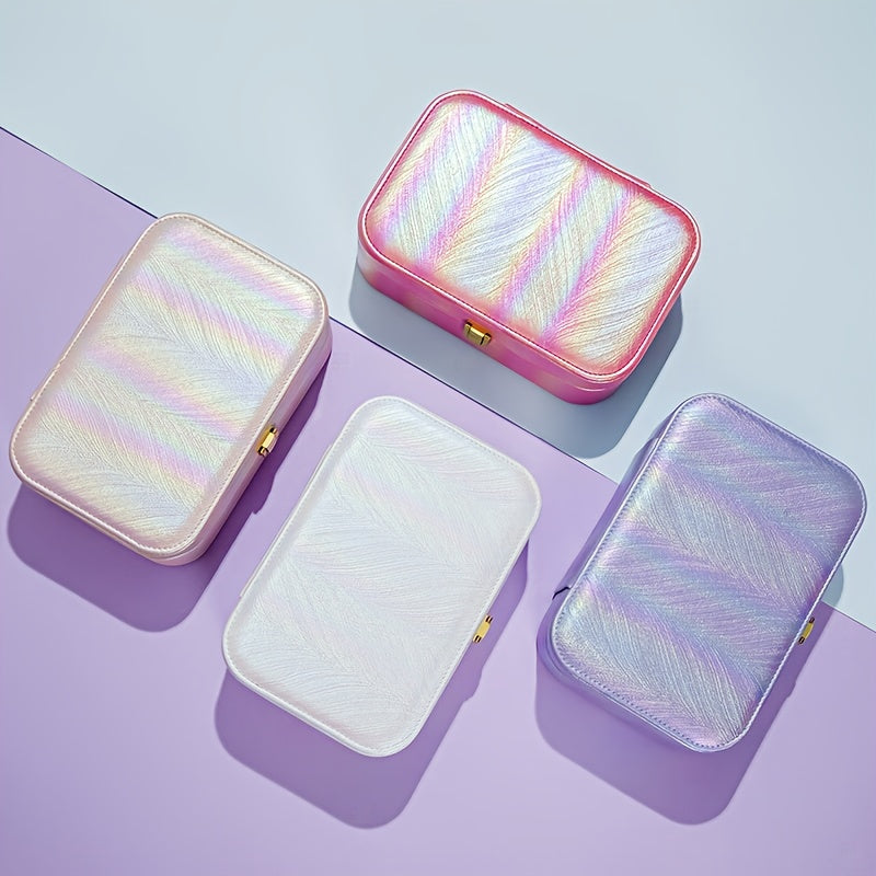 1pc Holographic Portable Jewelry Organizer Box with Mirror, Multiple Compartments & Soft Faux Leather Lining - Faux Leather Iridescent Finish, Secure Snap Closure for Earrings, Necklaces, Rings, Watches - Travel-Friendly Storage Case, Accessory