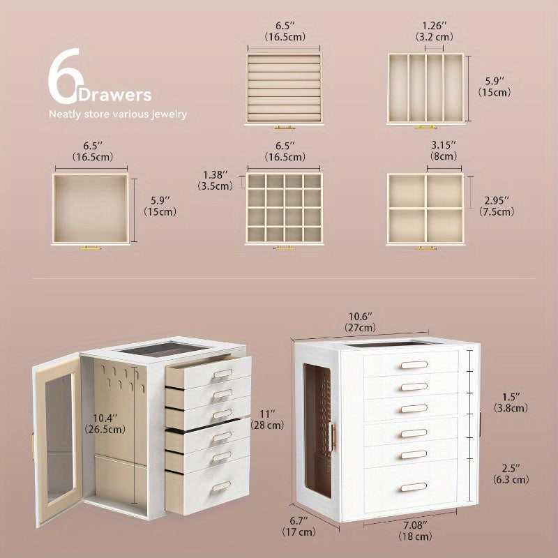 Boho Chic 6-Tier Multifunctional Faux Leather Jewelry Box with Clear Drawers & Open Shelves - Large Capacity Organizer for Earrings, Necklaces, Bracelets, Watches - Elegant Gift for Women & Girls (Christmas, Valentine'S Day, Birthdays, Graduation)