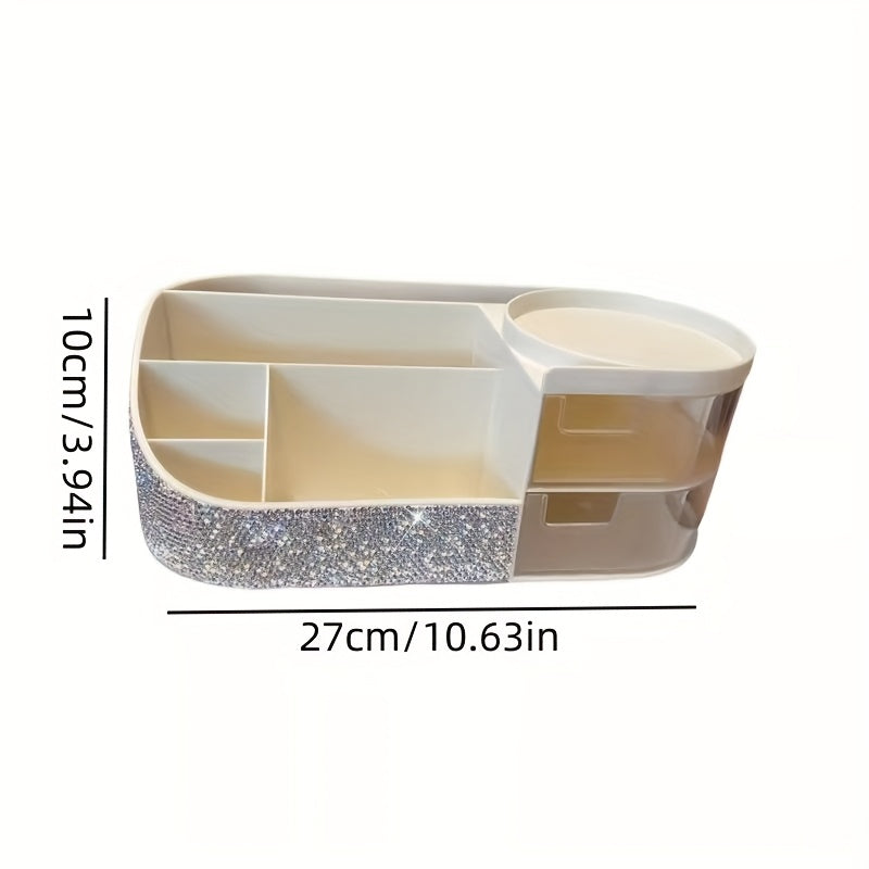 [Luxury Cosmetic Organizer] 1pc Luxury Multi-Compartment Cosmetic Organizer | Sparkling Rhinestone Design, Large Capacity Makeup Brush & Lipstick Holder, Creative Remote & Key Storage Box, Durable Plastic, Makeup Organizer, Jewelry Organizer