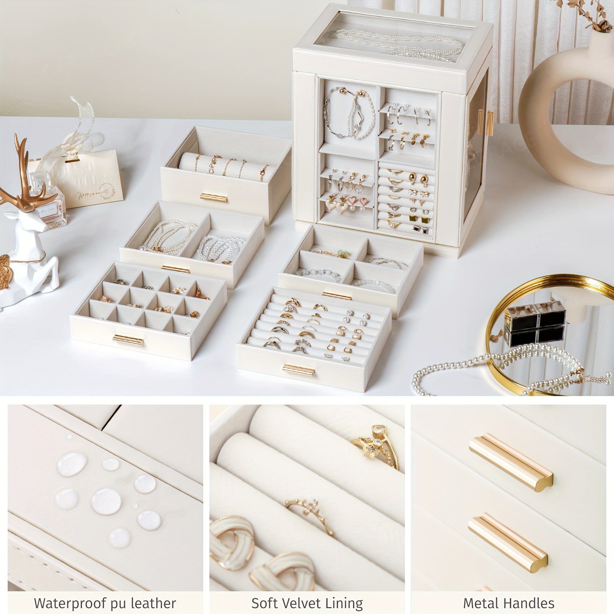 [Elegant CASEGRACE Jewelry Box] 1pc CASEGRACE 360° Rotating Jewelry Organizer Box | 5-Drawer Large Capacity Faux Leather Storage with Transparent Double Doors, Modern Elegant Design for Necklaces, Rings, Earrings, Watches - Perfect Gift for Women