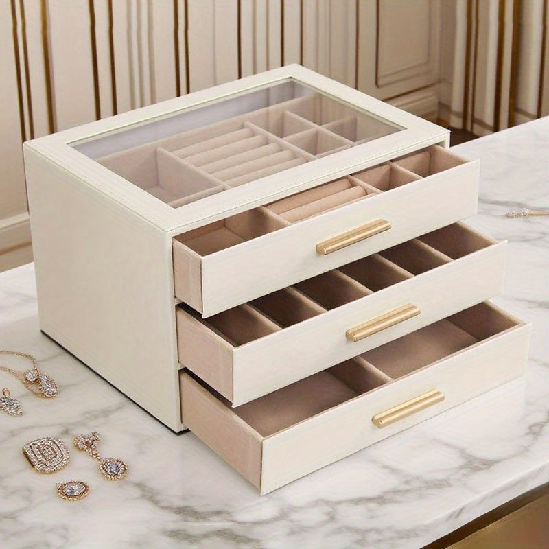 3-Tier Jewelry Organizer Box with Transparent Drawers - Large Capacity Multi-Layer Storage for Necklaces, Earrings, Rings - Durable Fabric & Metal Construction, Elegant White & Golden Design for Home or Retail Use, Jewelry Box, Jewelry Box, Jew