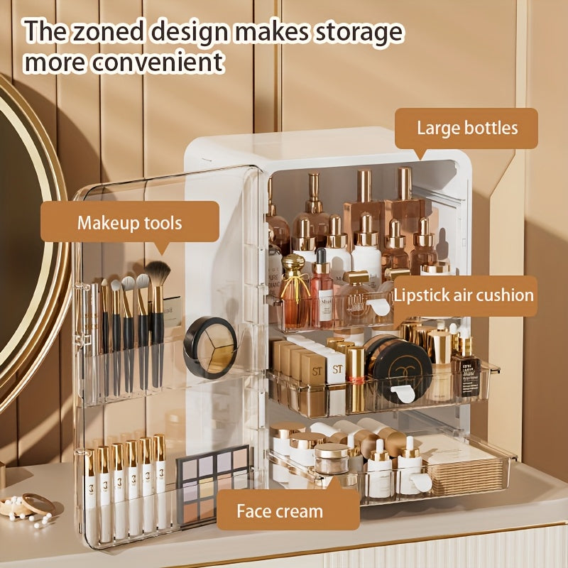 Contemporary Multi-Purpose Desktop Storage Cabinet with Built-In Drawers & Categorized Compartments - Large Capacity Organizer for Jewelry, Cosmetics, Makeup Brushes, Lipsticks, Bottles - Durable Plastic with Magnetic Closure - Perfect Gift for