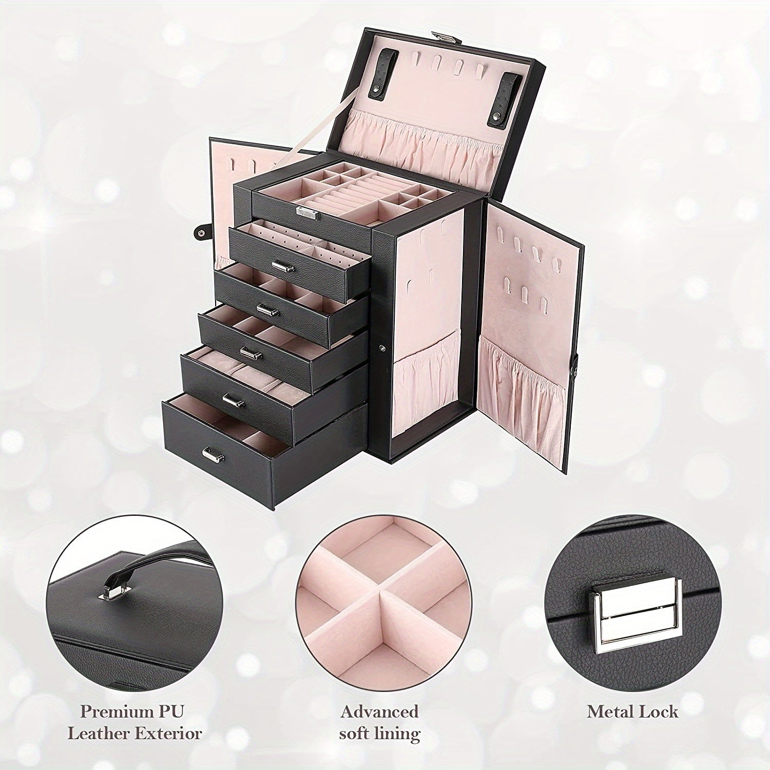 6-Layer Black Faux Leather Jewelry Storage Box with Lock, 5 Removable Drawers & Mirror – Elegant Organizer for Bracelets, Watches, Rings, Necklaces & Earrings, Jewelry Box